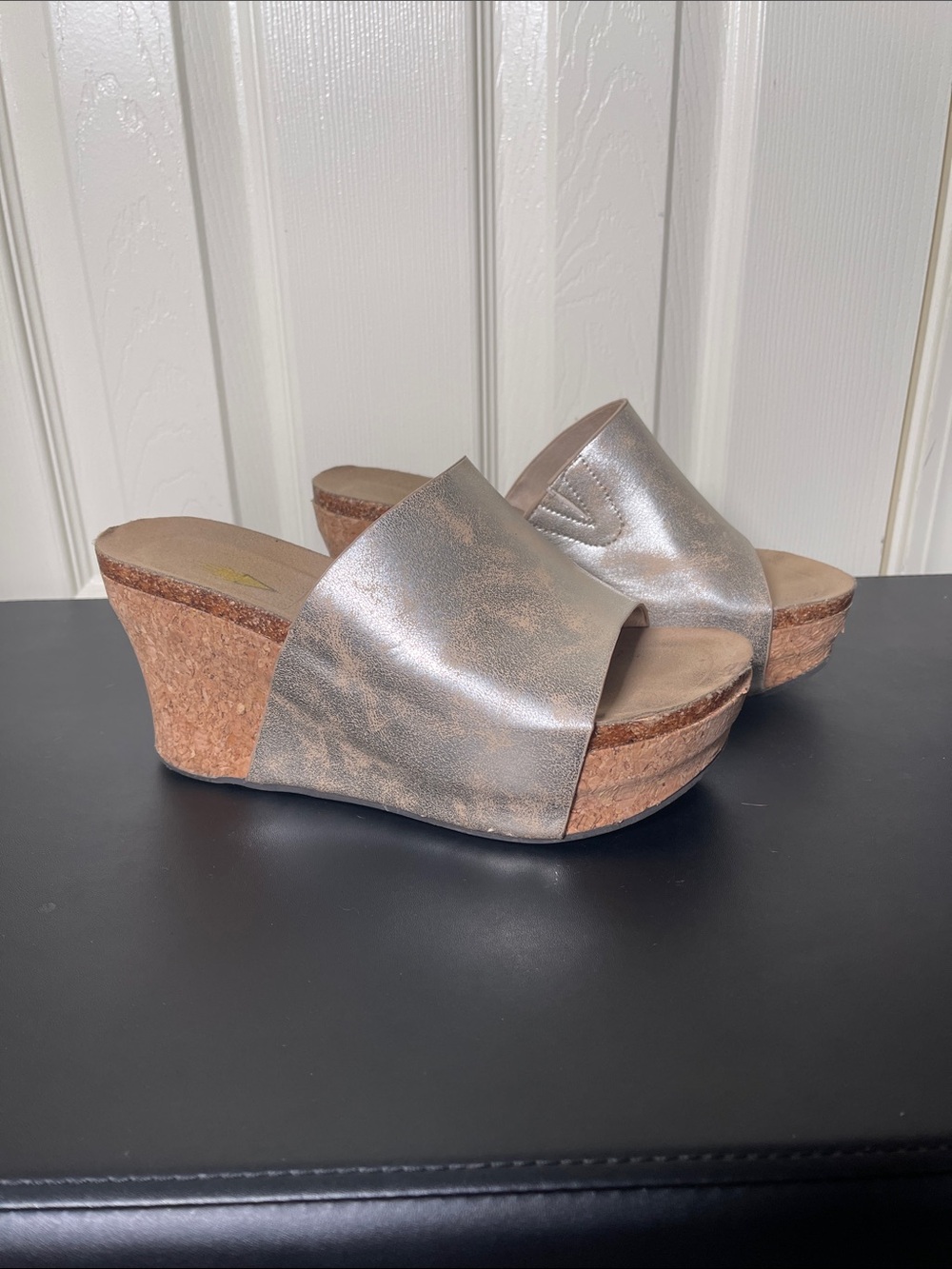 Volatile Metallic Pewter Cork Wedge Slide